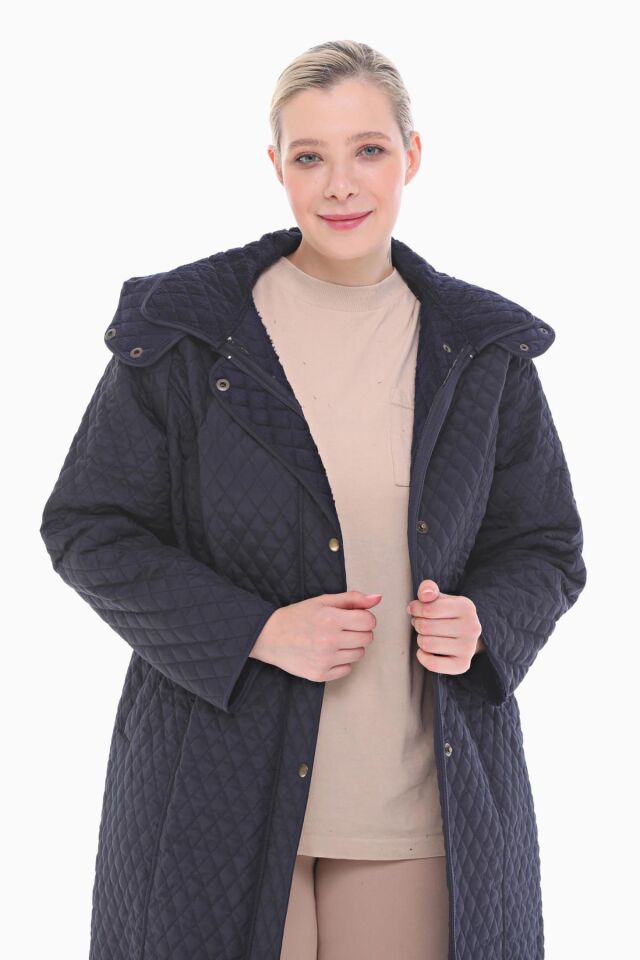 KAPÜŞONLU LACİVERT 105 CM KAPİTONE KABAN