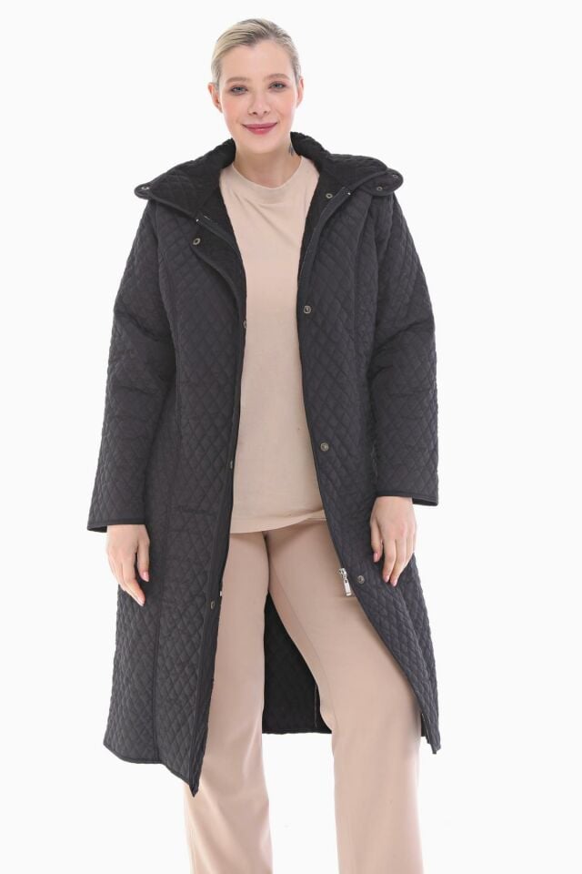 KAPÜŞONLU SİYAH 120 CM KAPİTONE KABAN