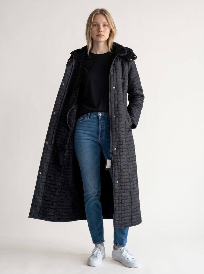 KAPÜŞONLU SİYAH 142 CM KAPİTONE KABAN