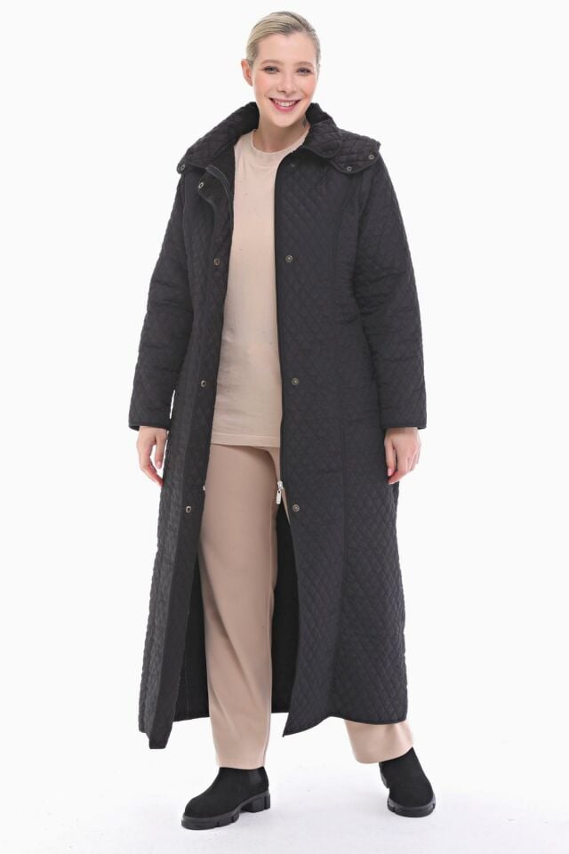KAPÜŞONLU SİYAH 142 CM KAPİTONE KABAN