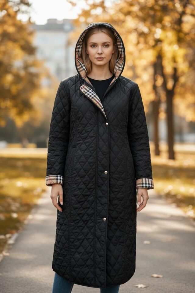 Ekose 120 Cm Mevsimlik Siyah Kapitone Mont