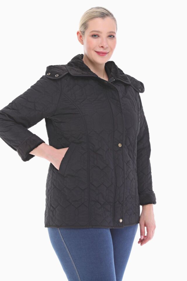 KAPÜŞONLU SİYAH 75 CM KAPİTONE MONT