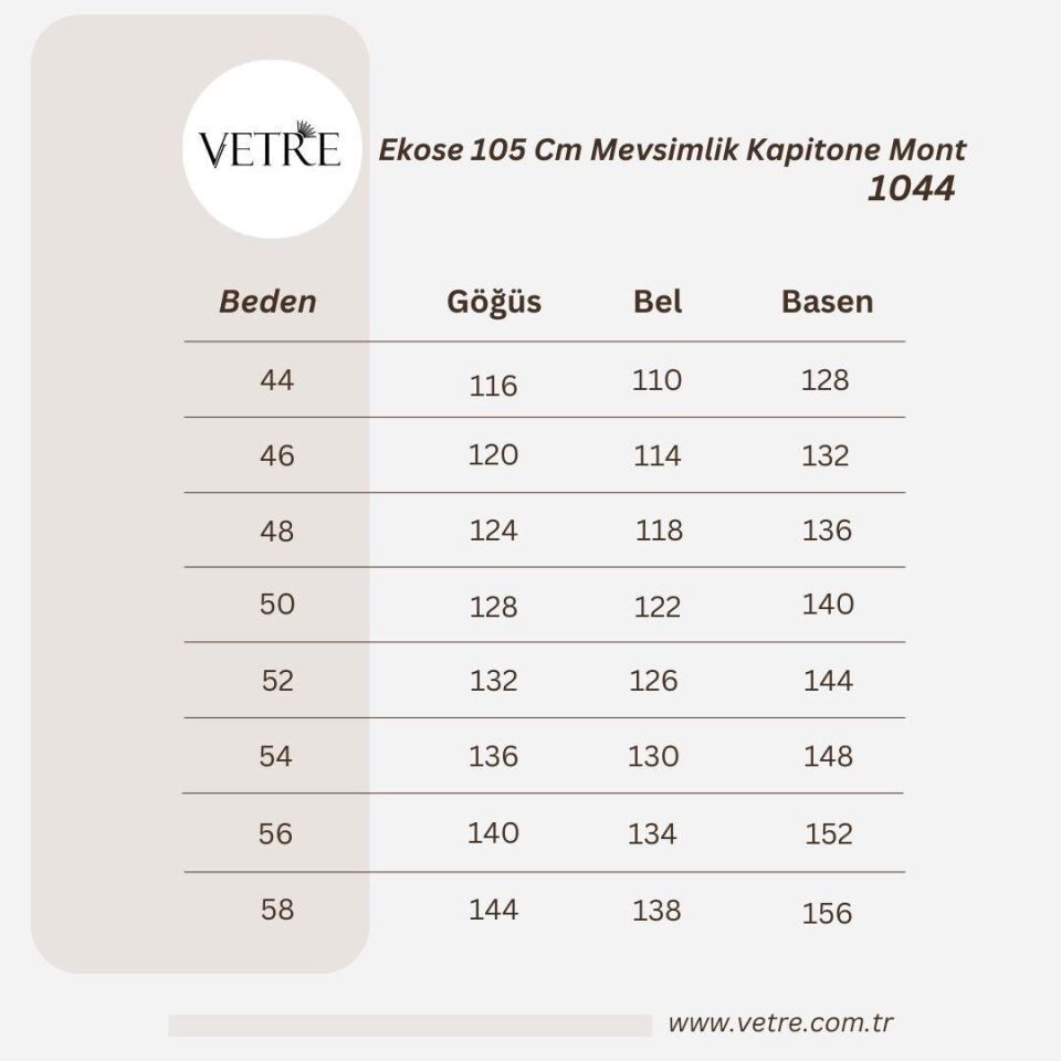 Vetre Kadın Büyük Beden Ekose 120 Cm Mevsimlik Açık Bej Kapitone Mont 1042