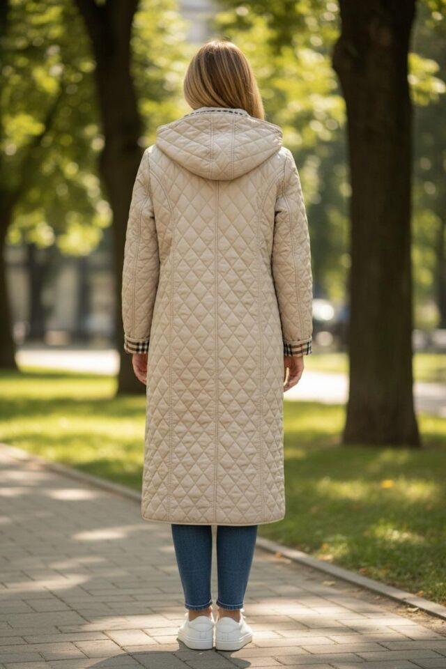 Vetre Kadın Büyük Beden Ekose 120 Cm Mevsimlik Açık Bej Kapitone Mont 1042