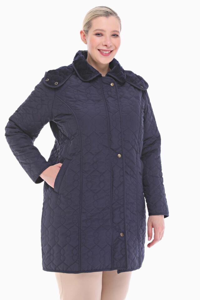 KAPÜŞONLU LACİVERT 95 CM KAPİTONE MONT
